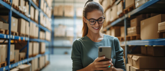 Smiling young woman in a warehouse checks inventory on a smartphone, efficiency in logistics