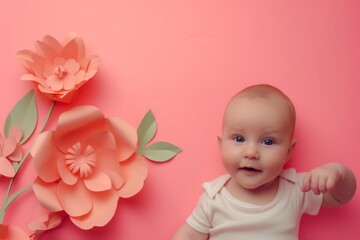 baby with paper flowers on pink background