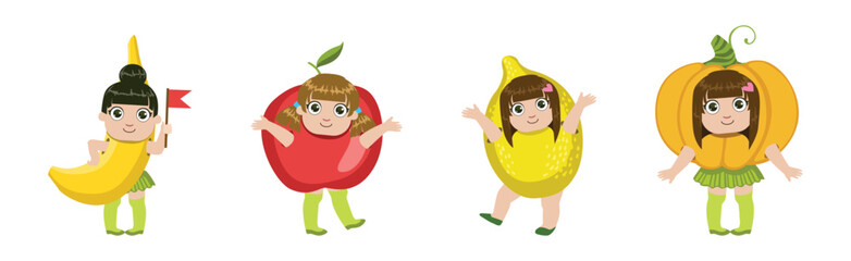 Cute Kid Character in Fruit Costume Vector Set