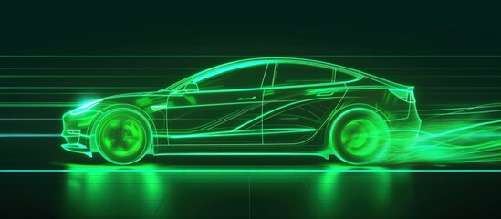 Electric car on high speed running with green neon glowing in the dark. AI generated image