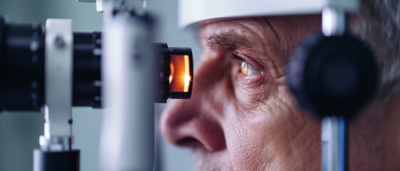 Close-up of an elderly man receiving an eye exam, focus on healthcare and vision accuracy