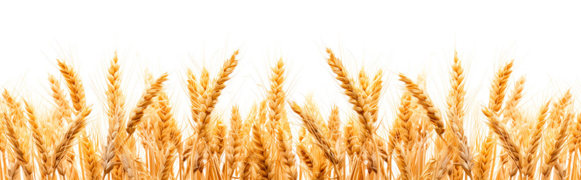 Golden wheat field isolated on white background, harvest season. Wide banner with copy space.
