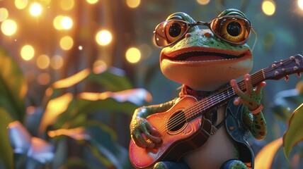 Animated influencer frog hosting a music festival in a rainforest.