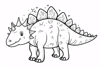 Stegosaurus Dinosaur Black White Linear Doodles Line Art Coloring Page, Kids Coloring Book