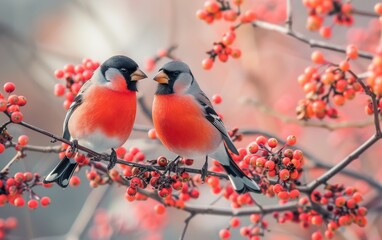 Two colorful Eurasian bullfinch amid vibrant red berries, showcasing nature's beauty in a serene winter setting.