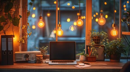 Workspace filled with hanging Edison bulbs, illuminating a modern office setup with a warm and creative atmosphere Generative AI