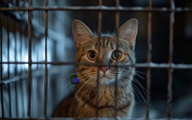 A curious cat with wide eyes peers through the wires of a cage, illuminated by soft lighting.