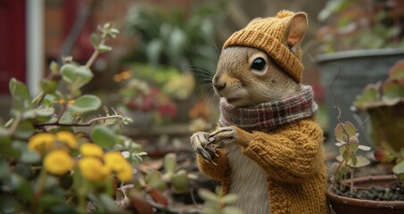 Cute squirrel wearing a beanie and a sweater in the summer garden