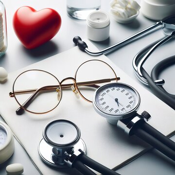 Glasses, stethoscope, pressure gauge on a white table