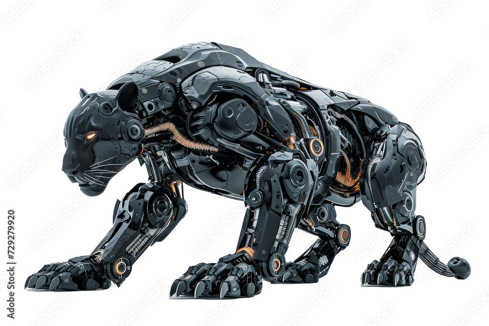 Poster Conceptual image of a cybernetically enhanced panther with robotic limbs and technological upgrades, displayed against a clean white background Generative AI