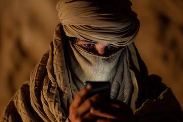 bedouin with a traditional headscarf using a smartphone - obrazy, fototapety, plakaty