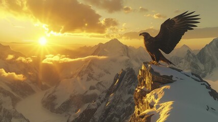 Eagle soaring over mountain peaks sunset.