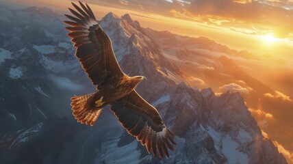 Obraz premium A soaring eagle flies gracefully through the blue sky, framed by the silhouette of distant mountains.