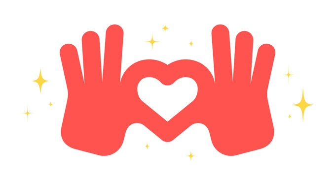 Hand sign Heart Love. Colorful Heart Love hands symbol gesture. Hands making sign shape heart by fingers. Greeting post card, poster, banner. Love emoji concept Valentine day. Vector Illustration