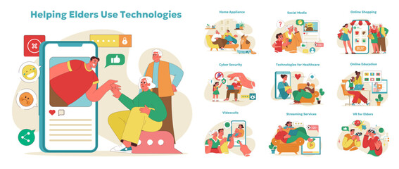 Tech savvy seniors concept. Male and female elderly learning and enjoying modern gadgets. Bridging digital divide for aging adults. Versatile technology application guidance. Vector illustration