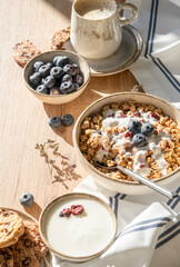 There Is A Bowl Of Cereal With Yogurt And Blueberries On The Table