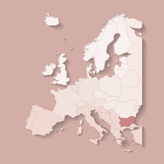 Vector illustration with european land with borders of states and marked country Bulgaria. Political map in brown colors with western, south and etc regions. Beige background
