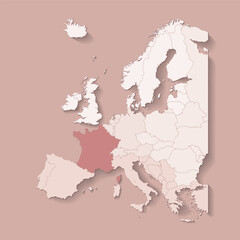Vector illustration with european land with borders of states and marked country France. Political map in brown colors with western, south and etc regions. Beige background