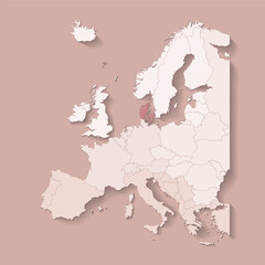Vector illustration with european land with borders of states and marked country Denmark. Political map in brown colors with western, south and etc regions. Beige background