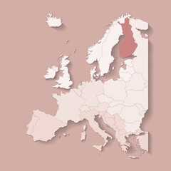 Vector illustration with european land with borders of states and marked country Finland. Political map in brown colors with western, south and etc regions. Beige background