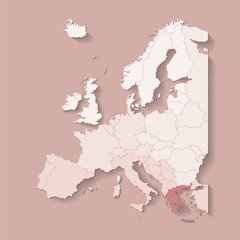 Vector illustration with european land with borders of states and marked country Greece. Political map in brown colors with western, south and etc regions. Beige background