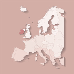 Vector illustration with european land with borders of states and marked country Ireland. Political map in brown colors with western, south and etc regions. Beige background