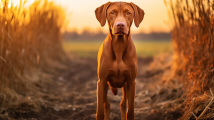 A poised Vizsla dog stands on a rural path, with the golden glow of sunset