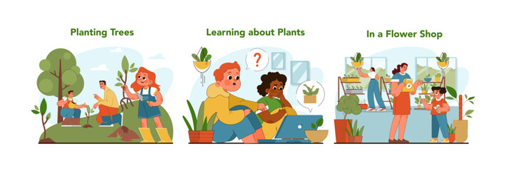 Educational plant activities set. Boys and girls exploring nature with friends. Children engage in tree planting, learn about plant biology and experience flower shop wonders. Flat vector illustration