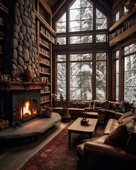 a living room with fireplace in the corner, couches and bookshelves