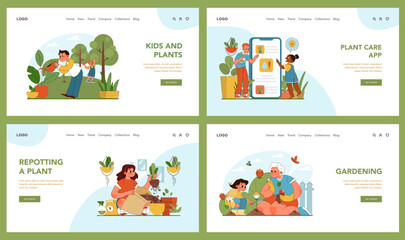 Indoor plant care set. Young boys and girls exploring nature with family members and friends. Children repotting, sharing plant growth, and learning through plant care apps. Flat vector illustration