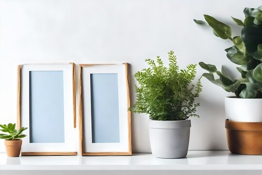 Three photo frames on white wall. Potted plants on white table