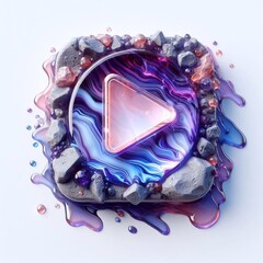 Play button made of Raw Stone blend with violet glass. AI generated illustration
