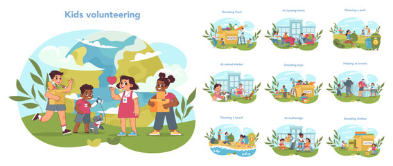 Fototapeta premium Kids volunteering set. Young volunteers in action, helping community. Food donation, senior support, park cleanup, pet care, playing with orphans. Active youth engagement. Vector illustration