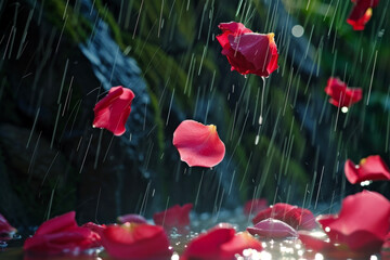 The Moment When Rose Petals Dance in the Rain. The Beautiful Harmony of the Ephemeral Petals and the Gracefulness of the Rain.