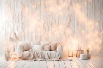 Soft home decor with burning lights on white wooden background. Interior.