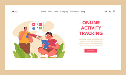 Online activity tracking concept. Mindful parent overseeing child digital engagement and media consumption. Proactive approach to online safety. Technologies aid in parenting. Flat vector illustration