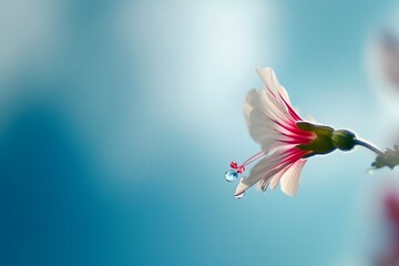 The image created captures a vibrant and playful scene filled with elements of nature and whimsy, illustrating a hummingbird near a flower, a bee on another flower, and a bird of paradise, all set in 