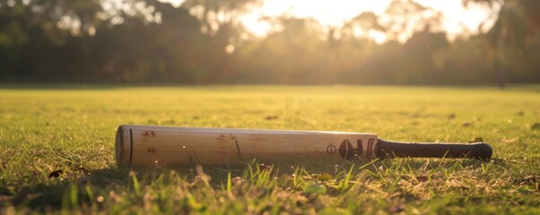cricket bat on the grass as the sun sets, the quiet luxury of the sport implied in the solitude and the golden hour light, for a sports equipment advertisement or promotion of exclusive cricket clubs