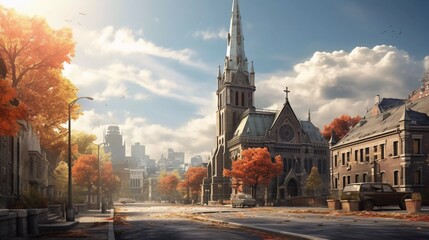 church in the middle of an urban area surrounded by buildings, on a sunny day. generative ai