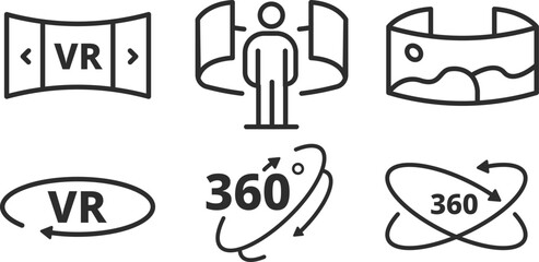 Simple 360 ​​degree image and video related vector line icons set.