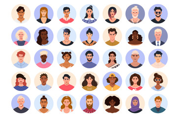 A large set of vector avatars of modern diverse multicultural multinational men and women in a round frame. A collection of faces of male and female characters in circles. Flat style