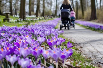 mother pushing a stroller along a path lined with spring crocuses