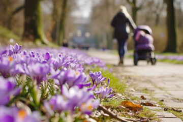 mother pushing a stroller along a path lined with spring crocuses