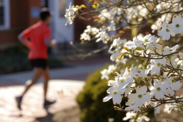 Obraz premium jogger passing by blooming dogwood in town square