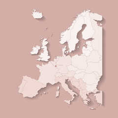 Vector illustration with european land with borders of states and marked country Luxembourg. Political map in brown colors with western, south and etc regions. Beige background