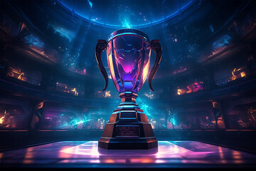 The computer video game championship's esports winner trophy is displayed on a stage in the center of the arena. PCs arranged in two rows for opposing teams. Neon lights with a sleek and modern style - obrazy, fototapety, plakaty