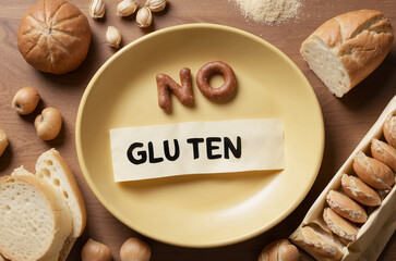 Fototapeta na wymiar top view of plate with text No Gluten and bread on wooden background