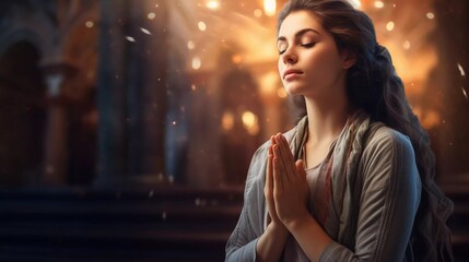 devout Christian woman sitting devoutly in church, folding her hands to pray. generative ai