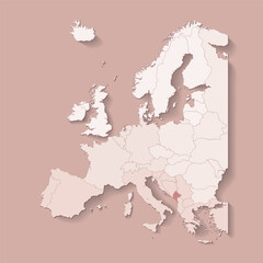 Vector illustration with european land with borders of states and marked country Montenegro. Political map in brown colors with western, south and etc regions. Beige background