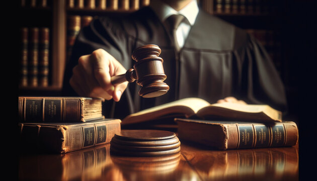 A judge holds a gavel in front of a book, symbolizing authority and the act of making a legal decision.